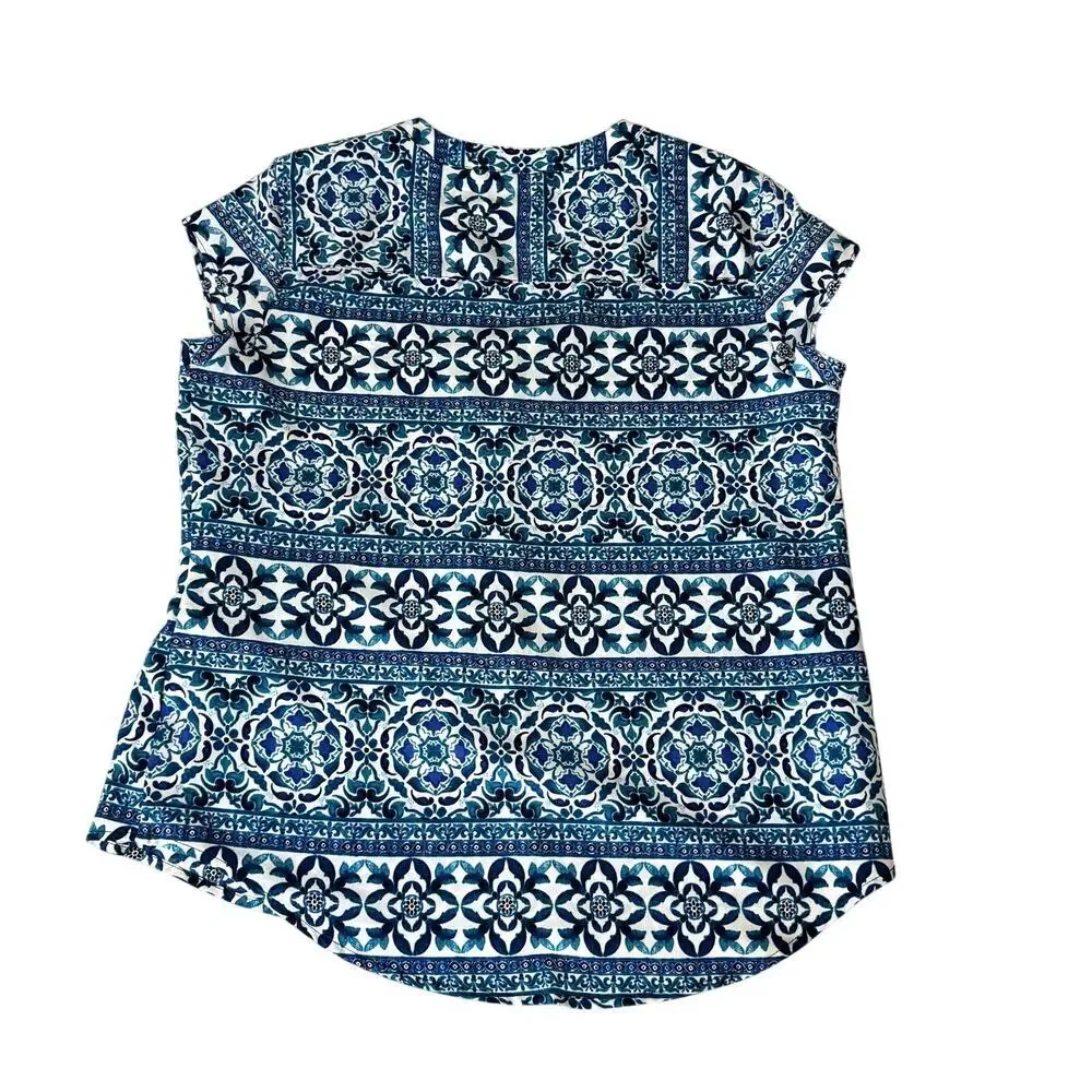 Women's Short Sleeved Patterned Blue Top Size - Picture 4 of 4